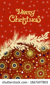Happy Christmas greetings. Festive inscription, snowflakes, snowy branch of a Christmas tree, ornament with stars and snowflakes. Vector with red and burgundy background for cards and gifts
