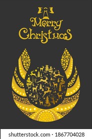 Happy Christmas greetings. Gold inscription and silhouettes of deer and trees in a golden horseshoe of happiness on a dark background. Vector for postcards and gift wrapping for men.