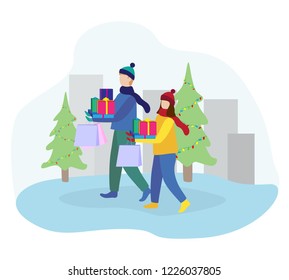 Happy christmas holiday. Winter people walking at city with shopping. Christmas presents. Flat vector illustration