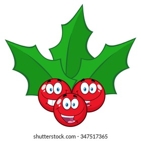 Happy Christmas Holly Berries With Leaves Cartoon Characters. Vector Illustration Isolated On White