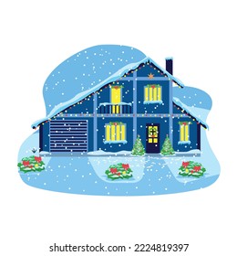 Happy Christmas house in the snow. The country house is decorated with light bulbs and Christmas decorations. Vector blot illustration in flat style.