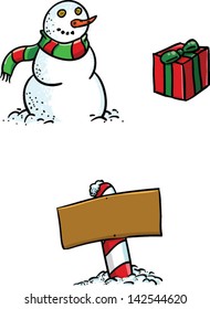 Happy christmas items, a sign, snowman and a gift in the snow
