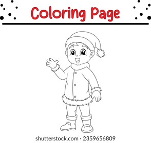 Happy Christmas kid Coloring page for children. Christmas Vector black and white winter coloring book.