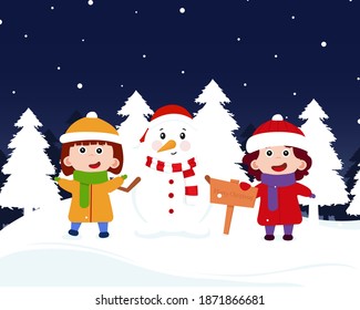Happy Christmas with kids and snigovik. Cheerful children blinded the snigovik and put a scarf and a hat on him. Children with snigovik meet New Year 2021. Vector illustration