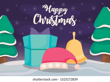 happy christmas label with gift box on winter landscape vector illustration design
