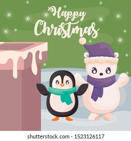 happy christmas label with penguin and polar bear on winter landscape vector illustration design