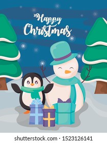 happy christmas label with penguin and snowman on winter landscape vector illustration design