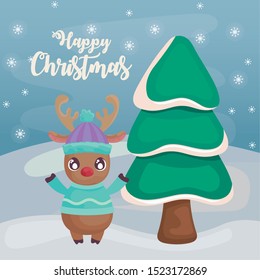 happy christmas label with reindeer with christmas tree vector illustration design