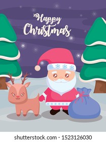 happy christmas label with santa claus and eindeer on winter landscape vector illustration design