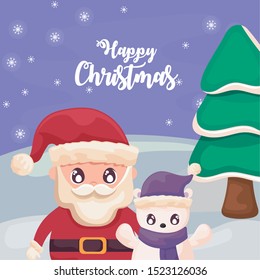 happy christmas label with santa claus and polar bear vector illustration design