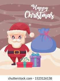 happy christmas label with santa claus with gift boxes on winter landscape vector illustration design