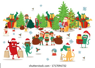 Happy christmas monsters carry gifts in multi-colored boxes and bags, vector illustration. Santa Claus sitting in chair near Christmas tree, cartoon elves singing holiday hymns, bag with gift.