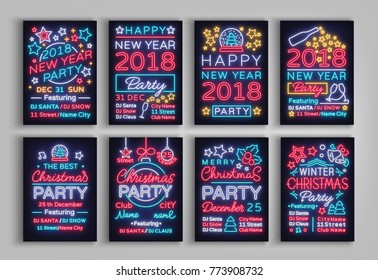 Happy Christmas and New Year 2018 set of posters vector illustration. Neon signs. Collection of brochures, leaflets, cards in a neon style design invitation template for the Christmas party