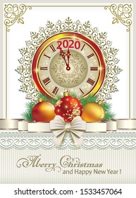 Happy Christmas and Happy New Year 2020. Greeting card with a clock, balls on background of snowflakes with bow in frame with an ornament. Vector illustration