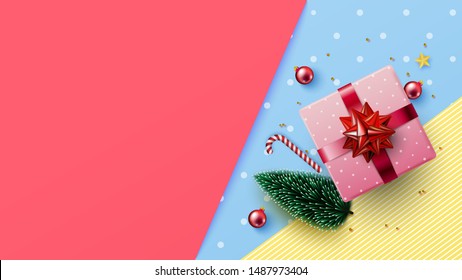 Happy Christmas and happy new year background with pink gift box, Xmas bauble,pine tree branch on colorful pastel backdrop with copy-space for your product. Vector illustration