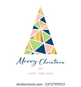 Feliz Navidad y Año Nuevo, una tarjeta con un árbol triangular de Navidad abstracto. Fantasías del árbol de Navidad dorada al estilo de Hipster Triangle.