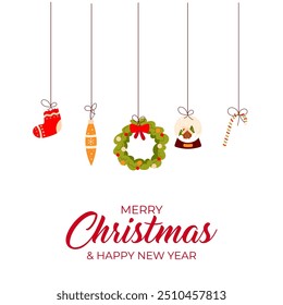 Happy Christmas and new year card.Elements on string, sock, wreath. On a white background.