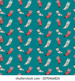 Happy Christmas and new year celebrations, knitted socks with ornaments, and simple Scandinavian decorations. Winter warmth and clothes. Seamless pattern, background or print. Vector in flat style