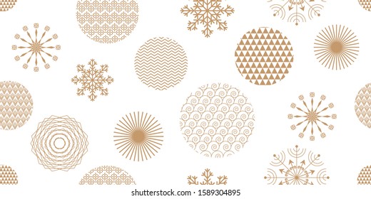 Happy Christmas and new year, chinese new year. seamless pattern with geometric motifs. Snowflakes and circles with different ornaments. Retro textile . Gold color On white background.