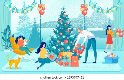 Happy Christmas and New Year Family Preparation. Parents Packing Gifts Boxes. Children Decorating Xmas Fir Tree. Father, Mother and Kids Prepare for Holidays Eve. Vector Cartoon Flat Illustration