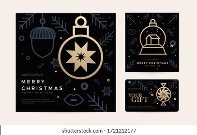 Happy Christmas happy New year greeting card set of luxury gold holiday decorations in abstract contour art style. Includes balloon, confetti, and christmas glass ball. New Year's design template.