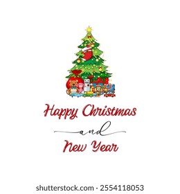 Happy Christmas and New Year' greeting card with elegant typography, snowflakes, stars, and holiday-themed decorations. Perfect for seasonal greetings, invitations, social media posts, and promotional