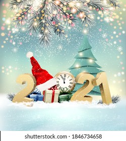 Happy Christmas and New Year holiday background with colorful presents and Santa hat. Vector.