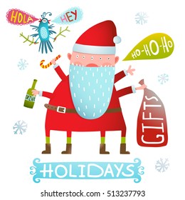 Happy Christmas or New Year Holidays Monster Santa Claus Funny Crazy Greeting Card Design. Christmas or New Year holidays colorful funny greeting card celebration design. Vector illustration.