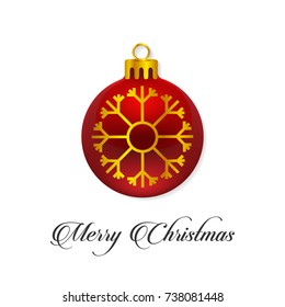 Happy Christmas. Happy New Year. Red detailed Ball with golden snow flake on white background