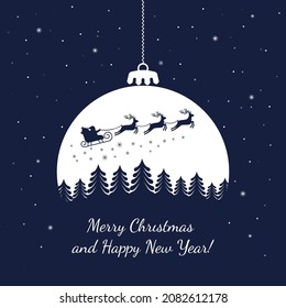 Happy Christmas and Happy New Year santa sleigh with reindeer flying through the night sky over forest landscape. Xmas concept. vector illustration on blue background