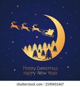 Happy Christmas and Happy New Year Santa sleigh with reindeer flying through the night sky over forest landscape. Xmas concept. vector