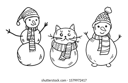 Happy Christmas and New Year snowmen and snow cat set