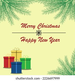 happy christmas and new year writings, christmas gift elements, palm leaf decorations, for greeting cards, congratulations, vector illustration