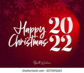 Happy Christmas new years 2022. Greeting card with date and calligraphic handwriting and snow flake on red background.