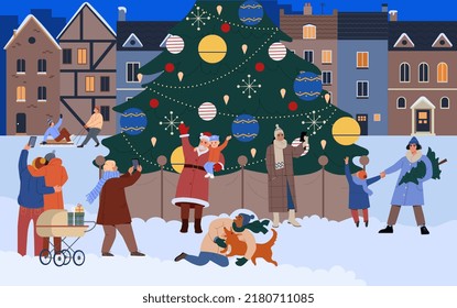 Happy christmas night. Cheerful people, families with children and couples next to Christmas tree in city center on New Year Eve. Design element for greeting card. Cartoon flat vector illustration