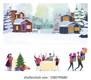 Happy Christmas party flat vector illustration set. Family, friends, couple celebrating Xmas, giving gifts. Celebration, winter holiday, having fun concept