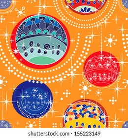 Happy Christmas pattern with holidays color snow-ball, flakes and stars. 