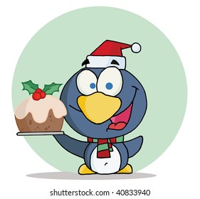 Happy Christmas Penguin Holding Christmas Pudding