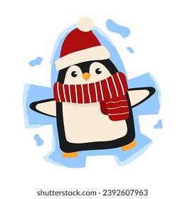 Feliz pingüino de Navidad haciendo ángel de nieve.