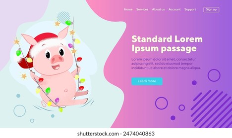 Happy Christmas pig swinging on string of lights. Celebration and fun concept. Vector illustration can be used for banner design, festive poster, landing page