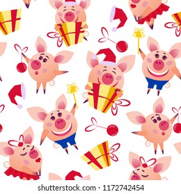 Happy christmas pigs seamless pattern. Funny cartoon style characters for the new year packaging, wrapping paper, cover, web banner, poster, decoration, textile print, sticker.