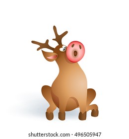 Happy Christmas pop-eyed reindeer sitting on white background. Cartoon vector illustration