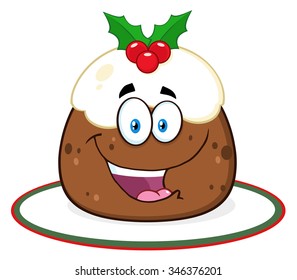 Happy Christmas Pudding Cartoon Character With Frosting And Holly. Vector Illustration Isolated On White
