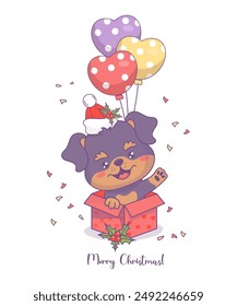 Happy Christmas puppy with balloons in festive gift box. Cute holiday cartoon kawaii character animal dog Rottweiler. Vector illustration. Kids collection. Merry Christmas card