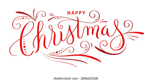 HAPPY CHRISTMAS red vector brush calligraphy banner with decorative elements isolated on white background