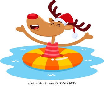 Happy Christmas Reindeer Cartoon Character With Inflatable Ring On Water. Vector Illustration Flat Design Isolated On Transparent Background