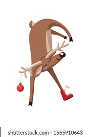 Happy Christmas reindeer dancing breakdance. Smiling cute deer jumping in a red boot and with red ball on his antler. Vector illustration on white background.