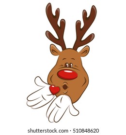 Happy Christmas reindeer gives you an air-kiss. Illustration on white background.