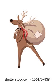 Happy Christmas reindeer holds in the hands a big bag of gifts with a ribbon. Smiling cute deer carries a Santa's presents . Vector illustration on white background.