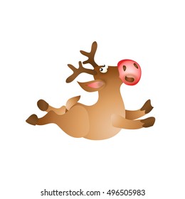 Happy Christmas reindeer jump on white background. Cartoon vector illustration